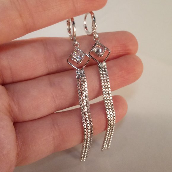 18K White Gold Filled Diamond Zircon Rhombus Tassel Dangle Earrings .46ctw each - Picture 4 of 4